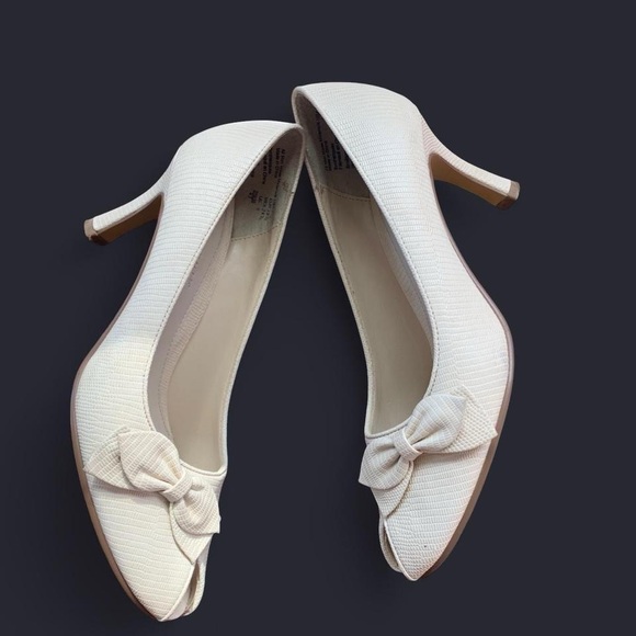 Y2k vintage highlights Cream Peep-Toe Bow heels reptile embossed size 7.5 - Picture 3 of 6